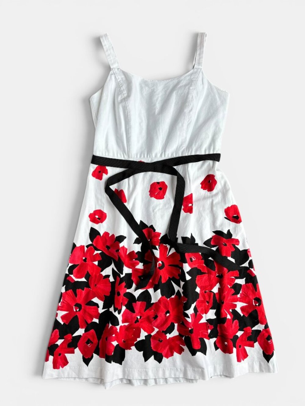 Studio I White Red Floral Fit & Flare Dress Black Ribbon Waist Size 8